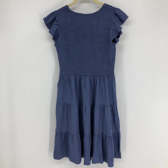 NWT Zesica shirred bodice tiered skirt short sleeve dress dusty blue v-neck S - Picture 4 of 13